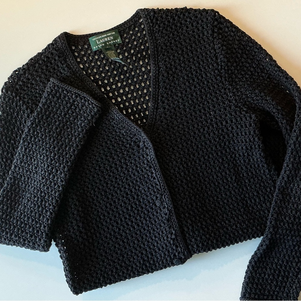 Ralph Lauren Black Cropped Open-Knit V-Neck Sweater
